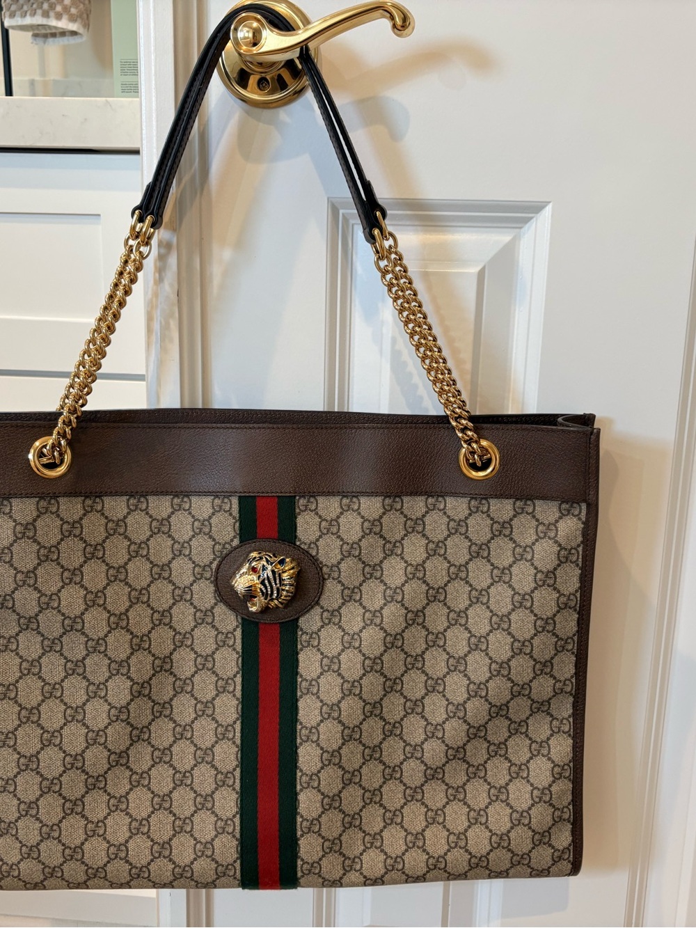 Gucci Rajah Monogram Tote with Red & Green Stripe
